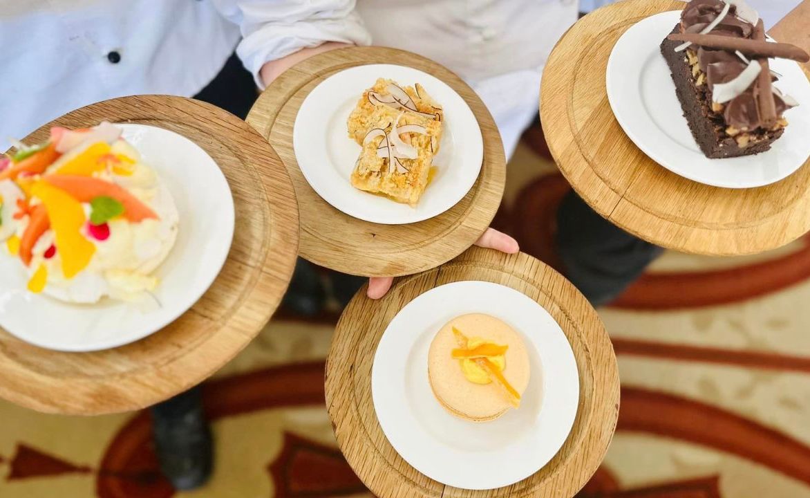 A Group Of Plates With Food On Them
